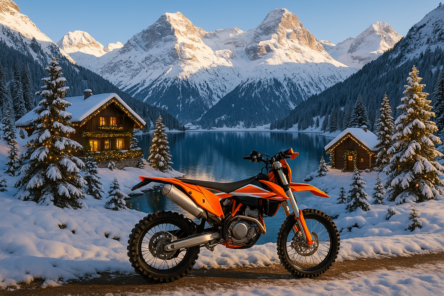 christmas in the swiss alps with a lake and dirtbike