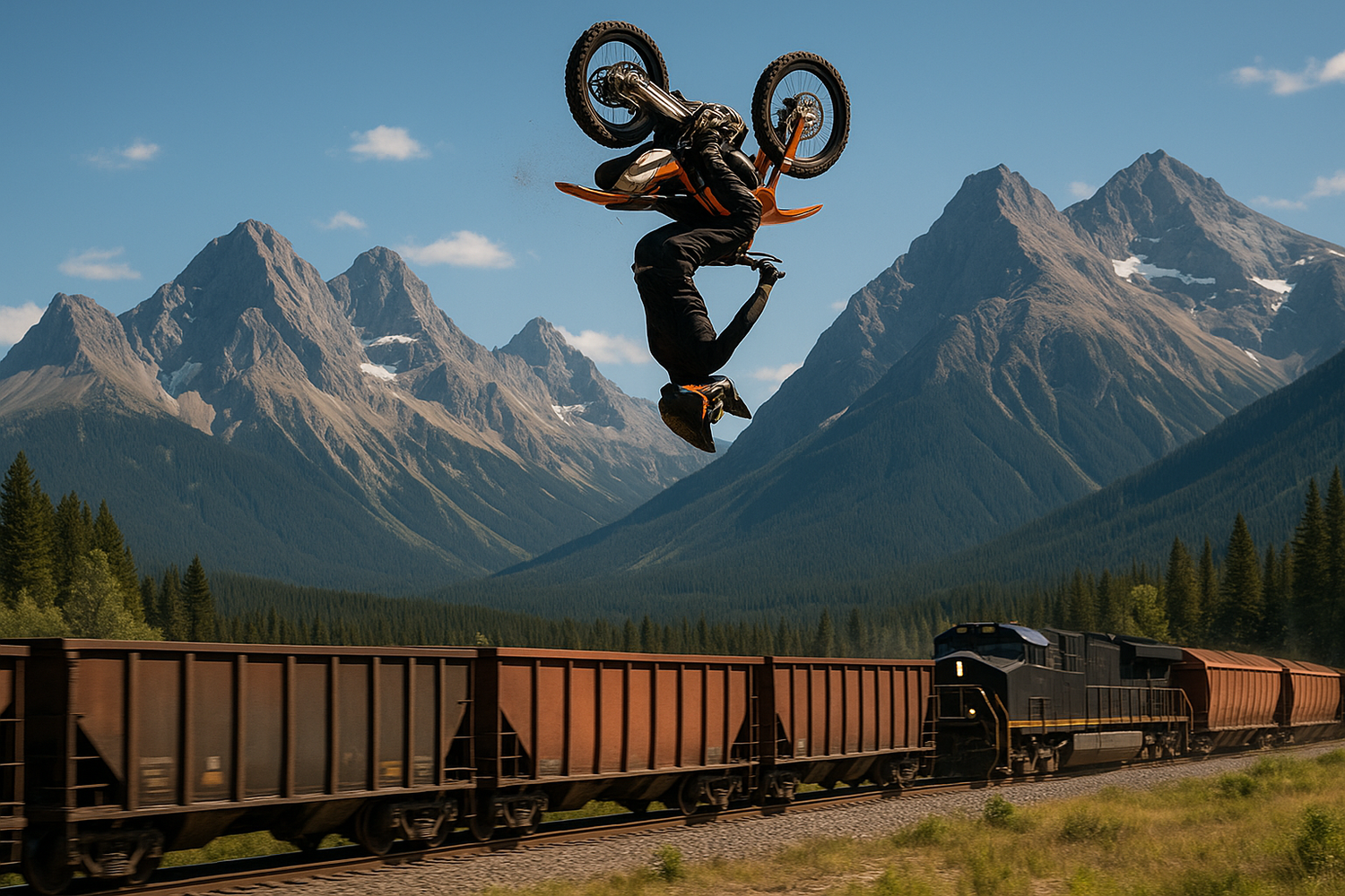 dirtbike doing a backflip over train in mountains